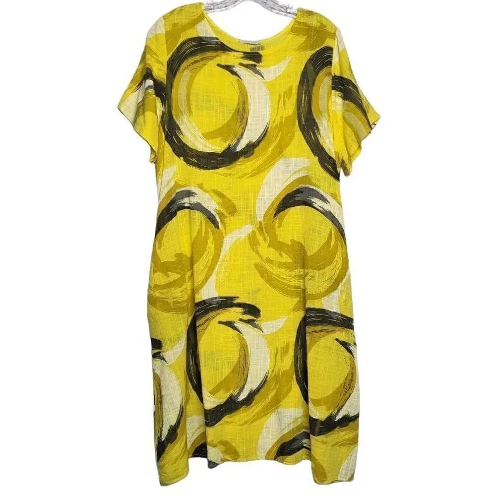 Made in Italy Abstract Print Cotton/Linen Blend Yellow Midi Dress Size 10